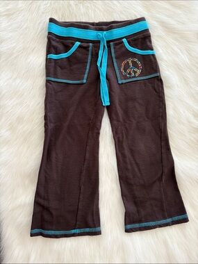Girls' Brown Sweatpants with Teal Trim and Peace Sign
